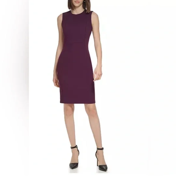 Calvin Klein Sleeveless Scuba Crepe Sheath Dress, Deep Burgundy, Size 12 - Picture 2 of 12
